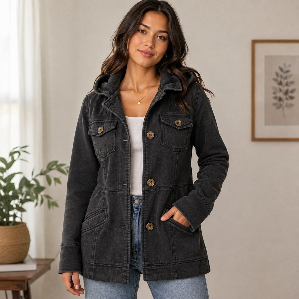 Mossimo Jacket Women M Black Hooded Utility Button Front Raw Edge Y2K